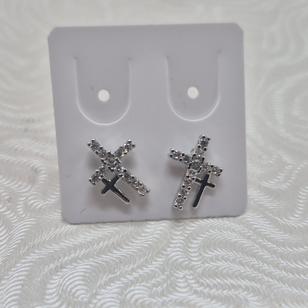 18k White Gold Filled Silver Cross Stud CZ Earrings